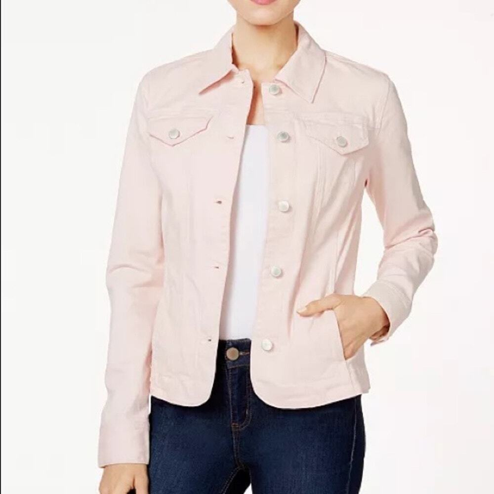 Charter Club Pink Cotton Denim Jacket Size M Snap Button Long Sleeve Women Blush
